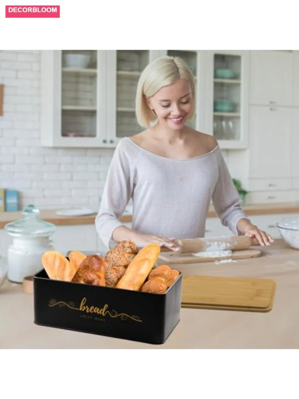 Bread Box with Bamboo Cutting Board Lid, Metal Kitchen Counter Storage
